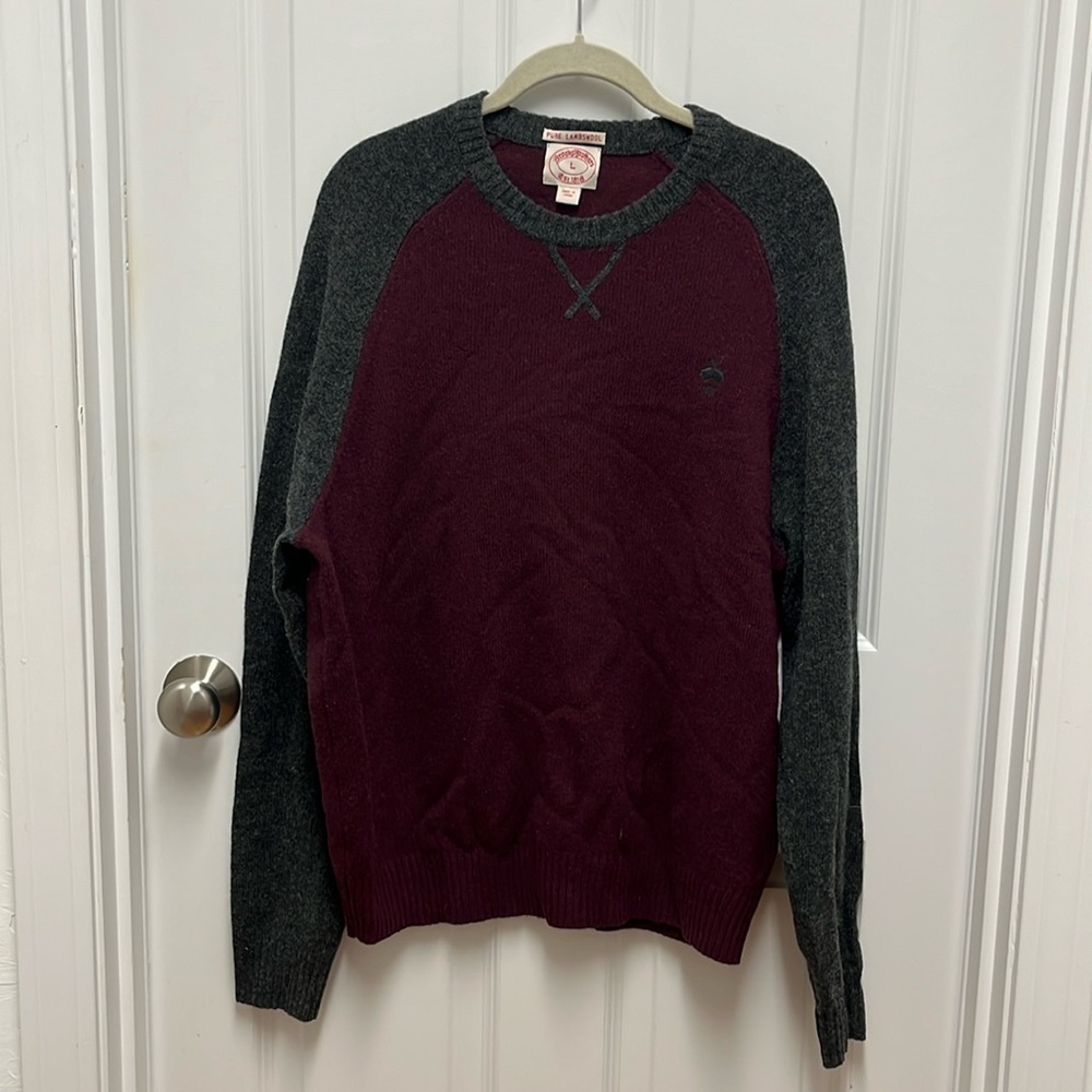 Mens Preppy Brooks Brothers Two Tone Burgundy / Grey Lambswool Crew Neck Sweater